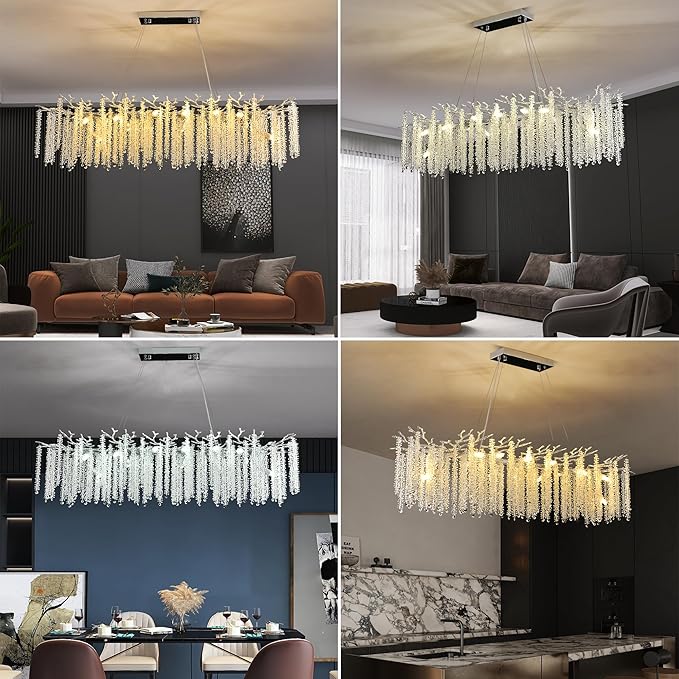 Modern Crystal Tree Branch Chandelier, Chrome Linear Rectangle Art Deco Raindrop Lighting Fixture for Dining Room Living Room Kitchen Island 16 Lights L59''