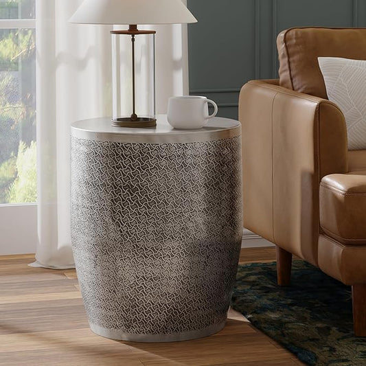 SIMPLIHOME Johnsen Metal Table - 18 inch Wide Solid Iron Round Accent Table in Antique Silver, Boho Side or End Table for Living Room, Bedroom or Family Room with Etched Web Pattern, Assembled