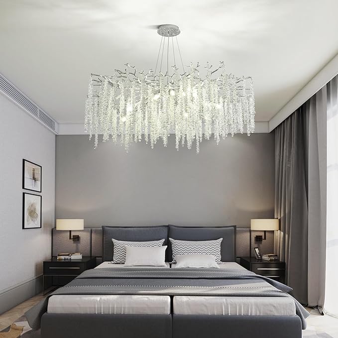 Modern Tree Branch Chandeliers Chrome D39.4'', Crystal Raindrop Chandelier for Living Room, Round Art Deco Lighting Fixture for for Dining Room Foyer Bedroom 15 Lights