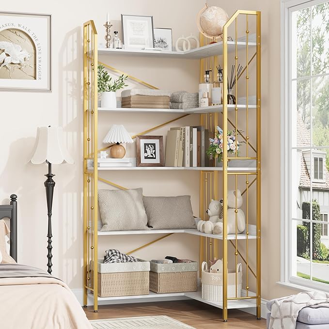 GarveeHome Corner Bookshelf 72" L Shaped Bookcase, Corner Bookshelves Industrial Bookcase 5 Tier L-Shape Bookshelf, Large Bookcases with Beaded Design Tall Display Rack Shelf for Living Room Bedroom