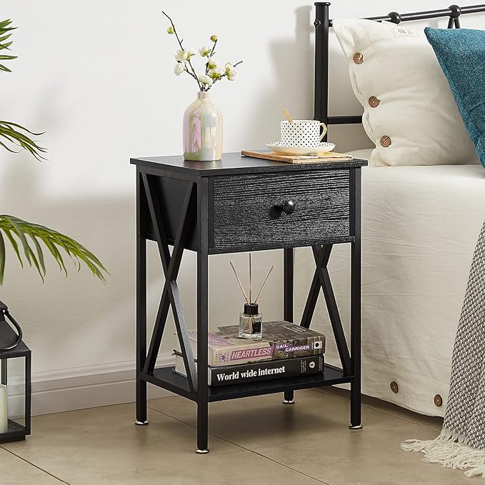 VECELO Nightstands Set of 2,End Tables with Storage Shelf&Fabric Drawer,Side Tables for Bedroom,Living Room,Small Spaces,Black
