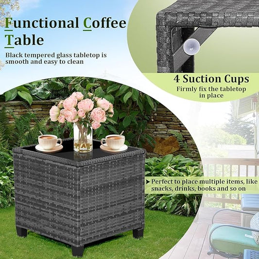 LDAILY Patio Furniture Set, 3 Pieces PE Rattan Wicker Patio Sofa Chairs with Washable Cushion & Glass Table, Outdoor Furniture Conversation Sets for Porch, Balcony, Garden, Poolside (Black)