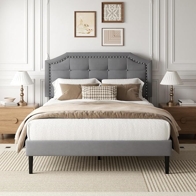 Full Size Bed Frame, Full Size Platform Bed Frame with Upholstered Button Tufted Headboard, Strong Wood Slats, No Box Spring Needed, Mattress Foundation, Easy Assembly Grey
