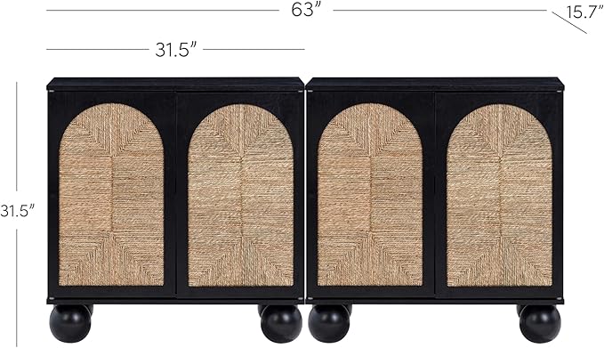 Nathan James Leah Boho TV Stand or Sideboard Cabinet for Kitchen or Living Room with Ball-Style Feet, Natural Seagrass Door Fronts and Solid Wood Legs, Black Set of 2