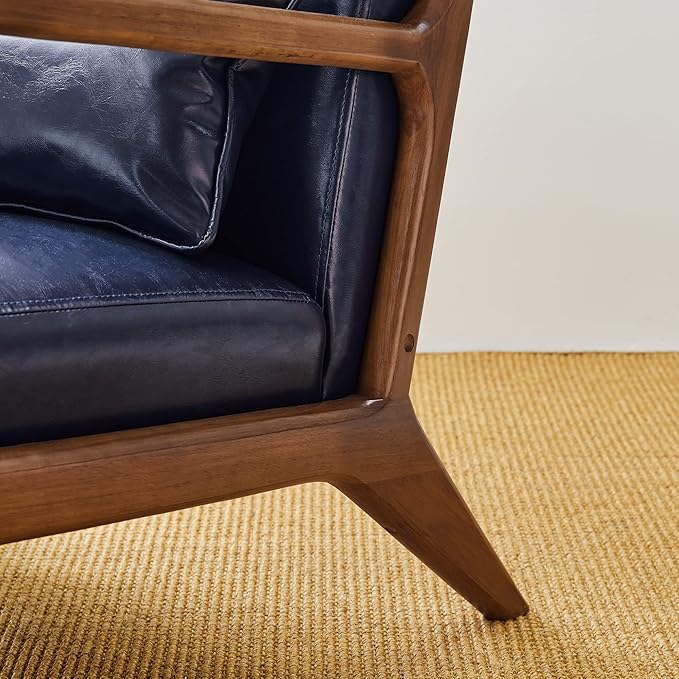 Glitzhome 30.75" H Mid Century Navy Blue Accent Armchair, Single Reading Armchair PU Leather Lounge Chair with Walnut Ruberwood Frame