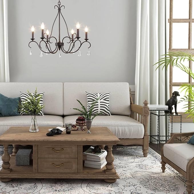 LALUZ Farmhouse Chandelier, 6-Light Rustic Dining Room Chandeliers Light Fixture Over Table with 7 Crystals for Dining Room & Living Room, Entryway, Rust-Colored Bronze Finish