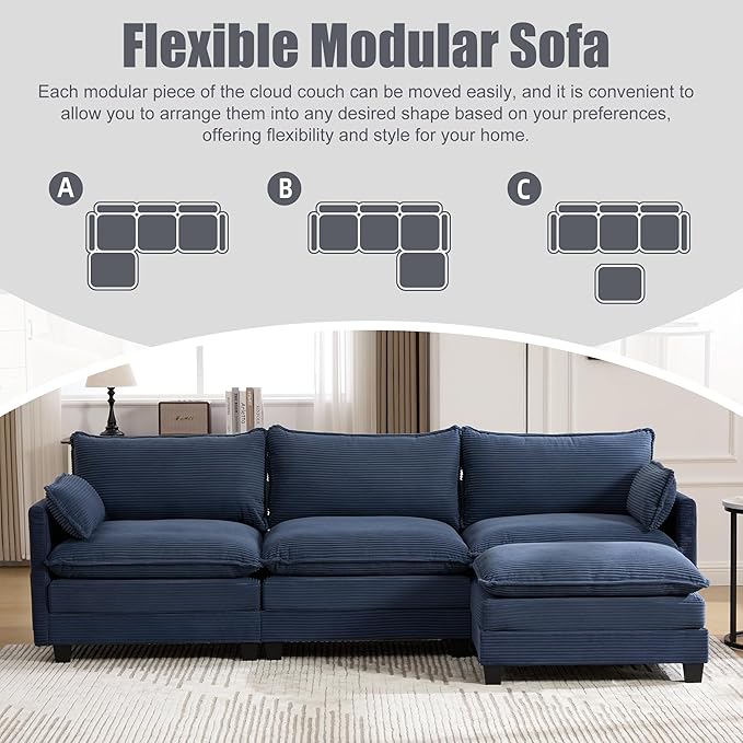 103" Oversized Modular Sectional Sofa Couch with Reversible Ottoman, Free Combination Convertible Corner Couch,Corduroy Upholstered Cloud Sectional Couch with Side Pockets | Multiple Cushions, DIY Combination, Removable Cover