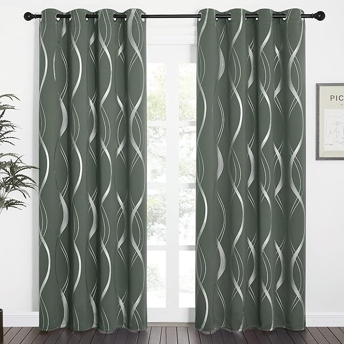 NICETOWN Blackout Curtains 84 inch Length 2 Panels Set, Dark Mallard, 52" x 84", Noise Reducing Thermal Insulated Wave Line Foil Print Design Blackout Curtains for Hall Closet Villa Door