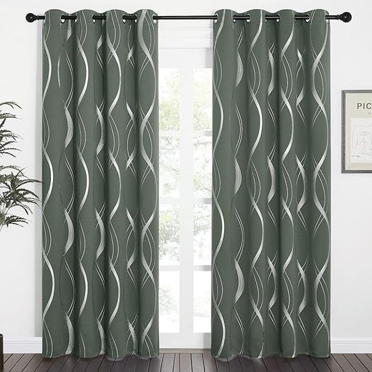 NICETOWN Blackout Curtains 84 inch Length 2 Panels Set, Dark Mallard, 52" x 84", Noise Reducing Thermal Insulated Wave Line Foil Print Design Blackout Curtains for Hall Closet Villa Door