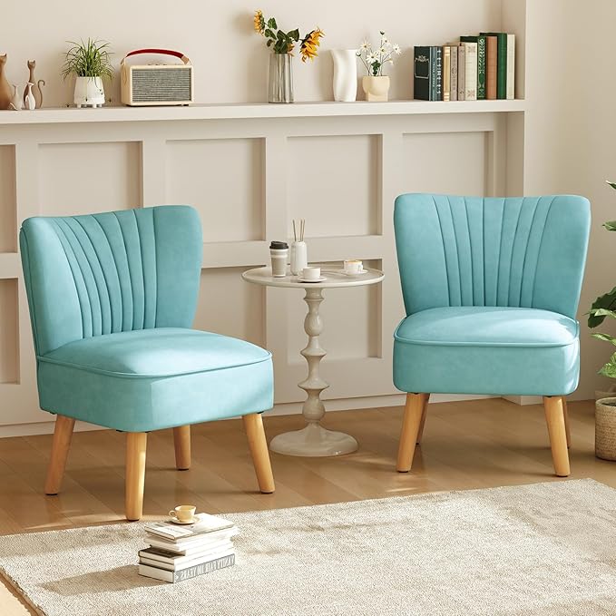 KOMFOTT Velvet Accent Chair Set of 2, Modern Armless Sofa Chair with Solid Rubber Wood Legs, Wingback Leisure Chair with Thick Cushion, Upholstered Side Chair for Living Room, Bedroom, Turquoise