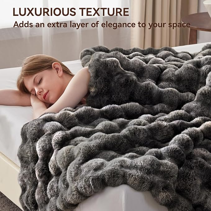 Faux Fur Throw Blanket, 1000GSM Fluffy Soft Bubble Blanket for Couch Bed, Cozy Plush Warm and Thick Rabbit Blanket for Living Room Bedroom 60''*80'' Tie-dye Grey