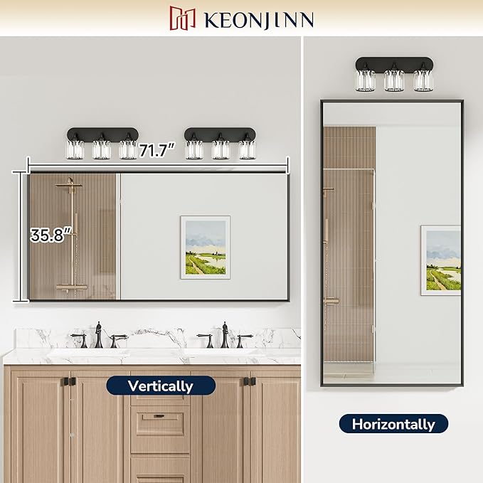 Keonjinn 72 x 36 Inch Black Bathroom Mirrors for Over Sink, Beveled Rectangle Framed Mirrors for Wall, Large Black Bathroom Vanity Mirror, Tempered Glass, Square Corner