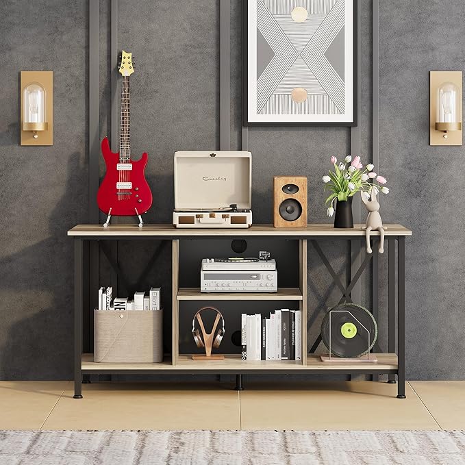WLIVE Industrial TV Stand for up to 45 inch TV, Heavy-Duty Metal Frame Entertainment Center, Compact Media Console with Adjustable Shelf & Cable Management for Small Spaces, Living Room, Greige