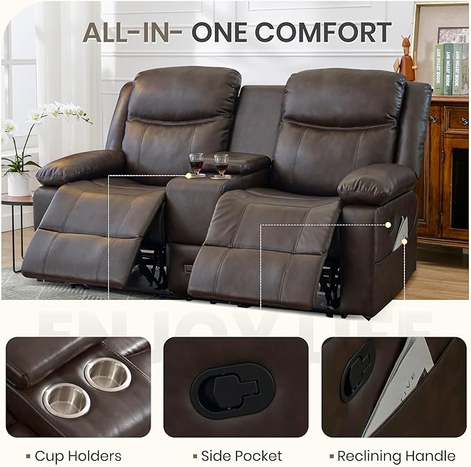 Manual Reclining Loveseat with Massage and Heat, Double Recliner Sofa with Center Console, Cup Holders & Storage for Living Room, RV (Brown)