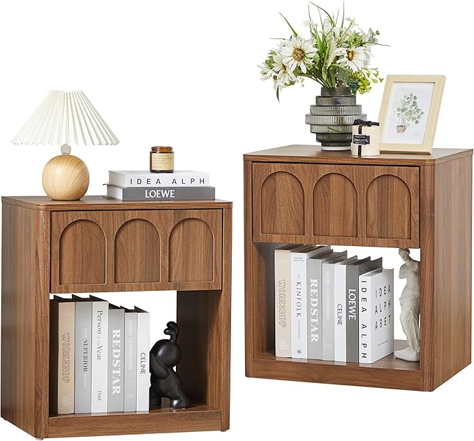 Small Nightstand Set of 2 with Storage, Accent Bedside Nightstand with Drawer, Mid Century Modern Bedroom Bed Side Table for Small Spaces, Dorm, Living Room, Couch Sofa Chair - Walnut