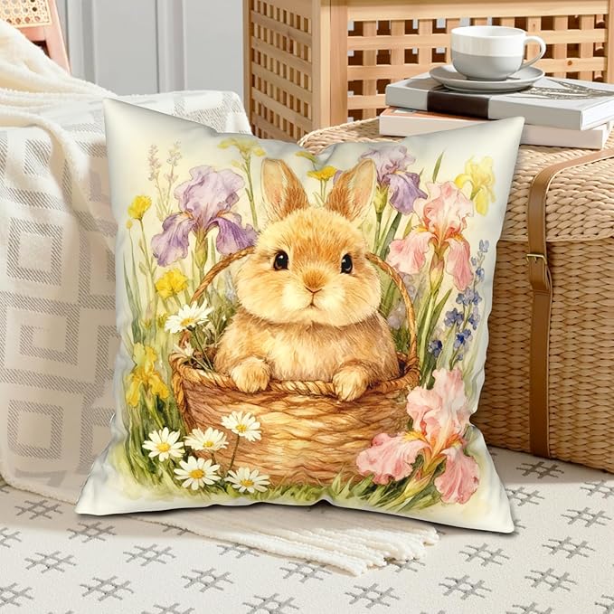 Easter Bunny Throw Pillow Covers Spring Rabbit Flowers Pillow Cases Happy Easter Pillow Covers 16x16 Pack of 2 Watercolor Iris Daisy Floral Cushion Cases for Home Outdoor