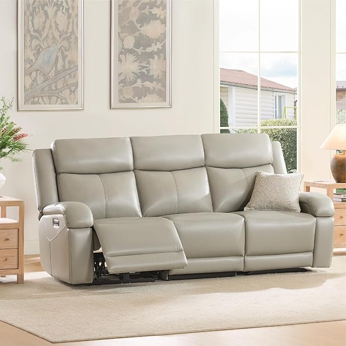 Watson & Whitely Power Reclining Sofa and Loveseat Sets, Genuine Leather Sofa Recliner Couch Set with Power Headrest, Storage Console, USB Ports, Cup Holders, Living Room Furniture Set, Grey