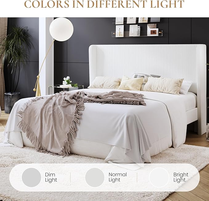 SHA CERLIN King Size Corduroy Upholstered Platform Bed Frame with Vertical Channel Tufted Wingback Headboard, 8" Under Bed Storage, Wooden Slats & Metal Frame Support, Easy Assembly, White
