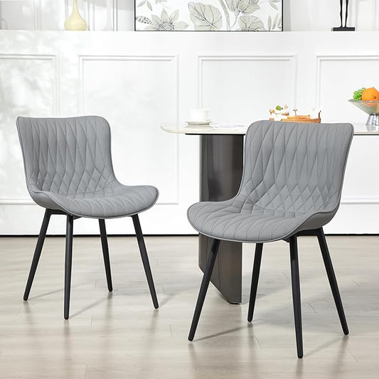 Finnhomy Dining Chairs Set of 2, Mid-Century Modern Upholstered Dining Chairs, Armless Faux Leather Accent Chairs with Backrest, Living Dining Room Chairs with Metal Legs for Dining Room, Light Grey