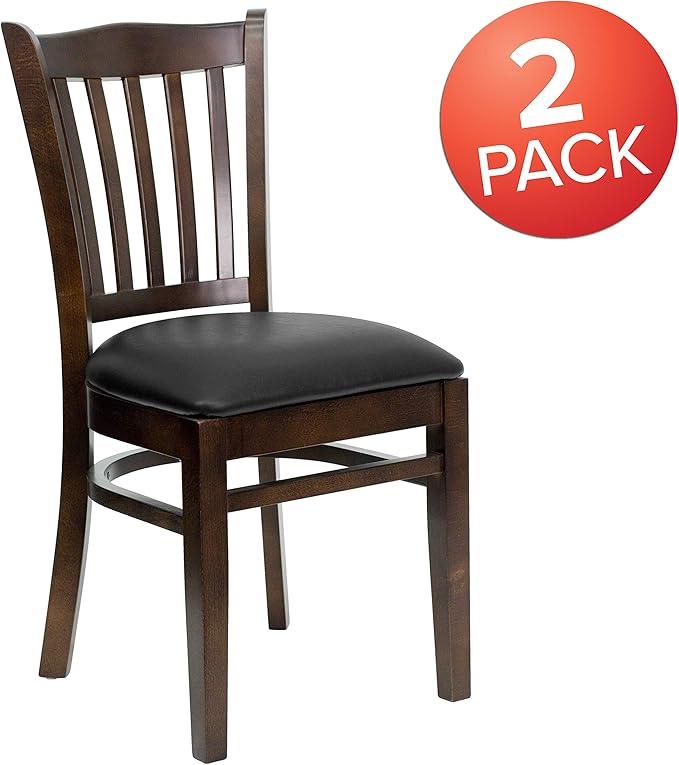 Flash Furniture 2 Pack HERCULES Series Vertical Slat Back Walnut Wood Restaurant Chair - Black Vinyl Seat