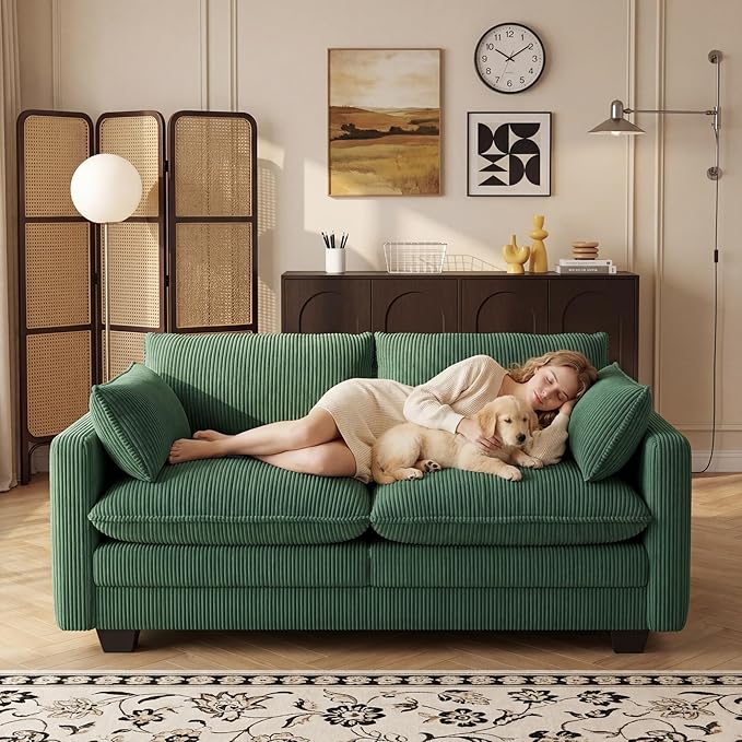 Gizoon 75” Small Cloud Loveseat Couches for Living Room, 2 Seater Love Seat Sofa with Comfy Deep Seat, Small Washable Couches with Removable Corduroy Cover for Apartment, Green