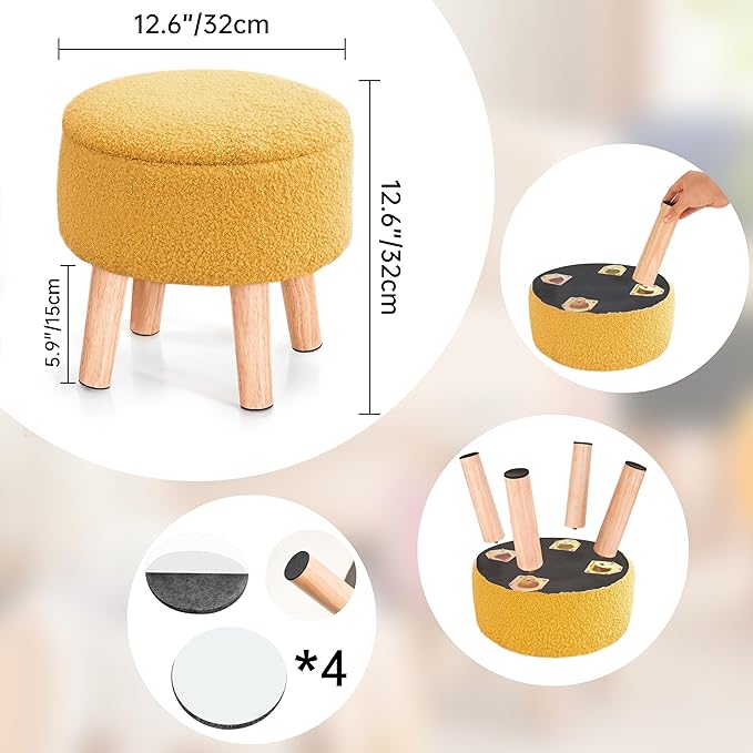 Poofzy Small Ottoman with Storage, Small Foot Stool Ottoman with Wood Legs, Sherpa Foot Rest for Couch, Living Room and Bedroom - Yellow