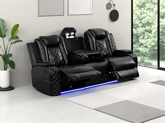 Living Room Furniture Sets, Power Reclining Sofa Set, Black Breathing Leather Power Sectional Reclining Sofa Couch with 2 Recliner Seats/Cup Holders/Storage Console/LED Light for Living Room