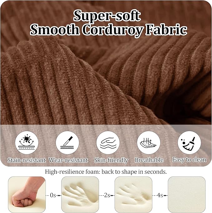 59'' Convertible Compressed Corduroy Folding Cloud Sofa Bed, Modern Boneless Pull Out Loveseat Sleeper in a Box, 4 in 1 Floor Mattress Futon Cloud Couch, No Assembly Needed, Caramel, Queen, 2 Pillows