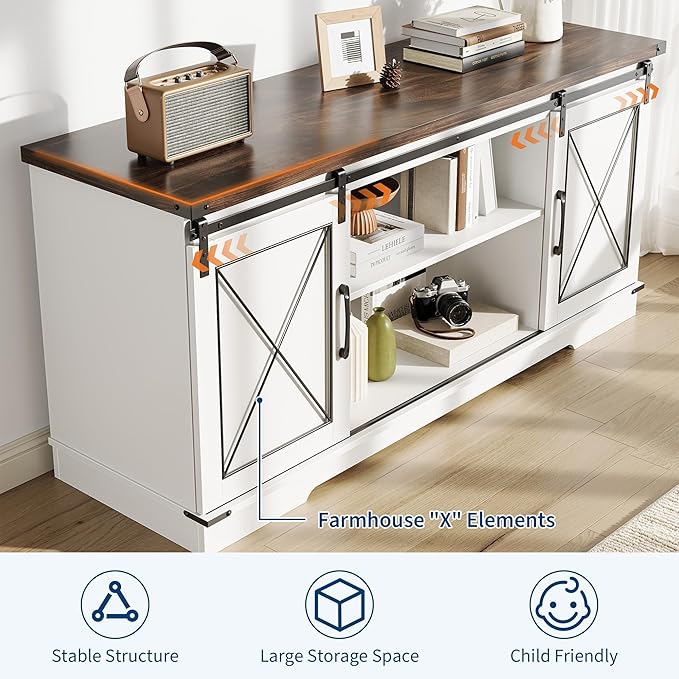 GarveeHome Farmhouse TV Stand for TV up to 65 in and Entertainment Center with Sliding Barn Doors, Tv Media Console Table with Storage Cabinet for Living Room, Bedroom, White & Brown