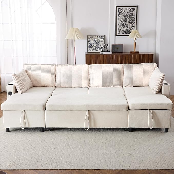 ERYE 113-Inch U-Shaped Pull Out Sleeper Couch Bed, Modern U Shaped Symmetrical Sleeper Sectional Sofa Convertible Sofa Bed with Storage Chaises & USB-C Ports for Living Room