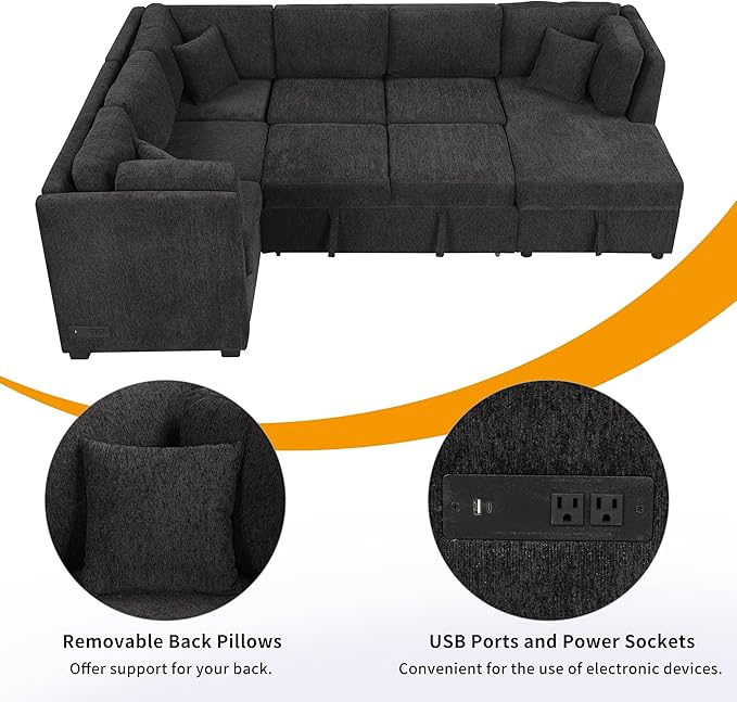 ERYE 108-Inch U-Shaped Sleeper Sectional Sofa with Pull Out Couch Bed for Living Room, Comfy Chenille Upholstered Corner Sleeper Sofabed with Storage Chaise & Power Sockets