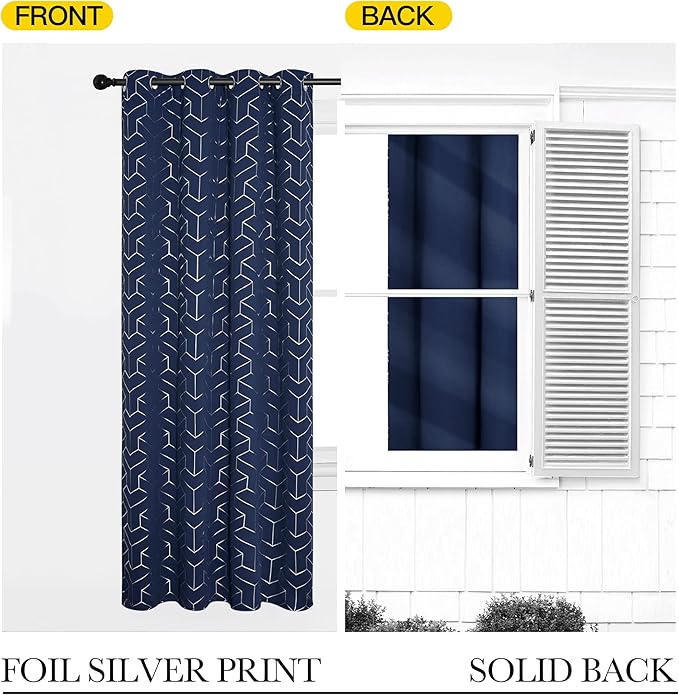 NICETOWN Blackout Curtains 63 inches Long for Bedroom, Thermal Insulated Solid Grommet Top Foil Printed Diamond Pattern Blackout Panels/Draperies for Boys Kid's Room (Navy, 1 Pair, 52 inch Width)