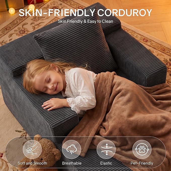 GRUSIGN 45'' Chaise Lounge Chair Indoor, Corduroy Boneless Sofa Bed, Deep Seat Sleeper Couch Reading Chairs for Bedroom Living Room, Movie Room | No-Assembly, Pet-friendly Fabric