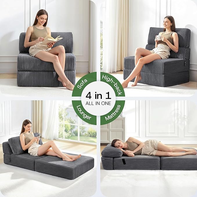 4-in-1 Folding Sofa Bed Convertible Chair Couch Foldable Chaise Lounger & Mattress Pocket Coils+Foam Fill, Portable No Assembly Boneless Sofa Floor Futon for Living Room/Bedroom, Twin