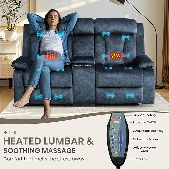 Power Reclining Loveseat with Heat & Massage, Dual Recliner Sofa with Console, Cup Holders, USB & Type-C Ports, 2 Seater Electric Reclining Couch for Living Room, RV (Blue, 2 Seat)
