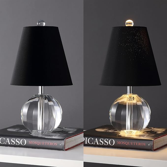 JONATHAN Y 16" Clear/Black Crystal Ball LED Table Lamp, White Modern Bedside Lamp, with White Linen Empire Shade, Glam Orb Glass Nightstand Lamp for Living Room, LED Bulb (JYL2079B)