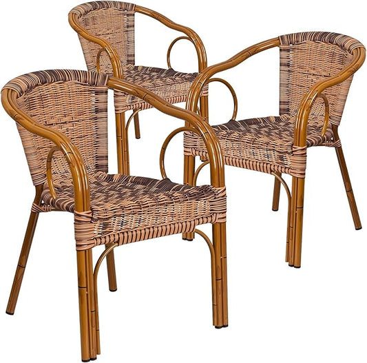 Flash Furniture 3 Pack Cadiz Series Burning Brown Rattan Restaurant Patio Chair with Dark Red Bamboo-Aluminum Frame