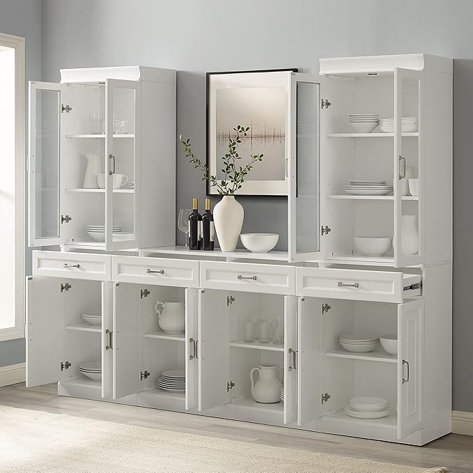 Crosley Furniture Stanton 3-Piece Sideboard Buffet Cabinet and Glass Door Kitchen Storage Pantry Set, White