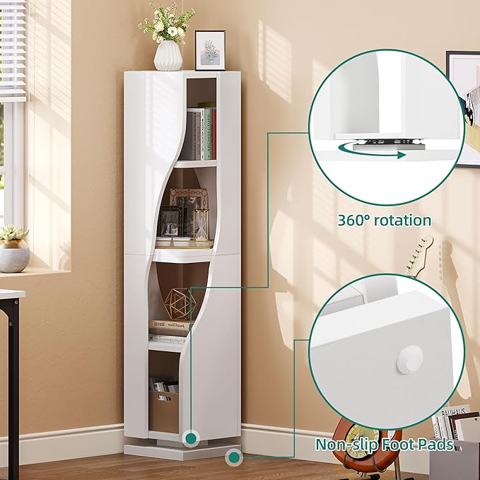 YITAHOME 4-Tier Corner Bookshelf, Irregular Shape Corner Shelf, Modern Narrow Shelf Organizer Storage for Bedroom, Living Room, Study Room,White