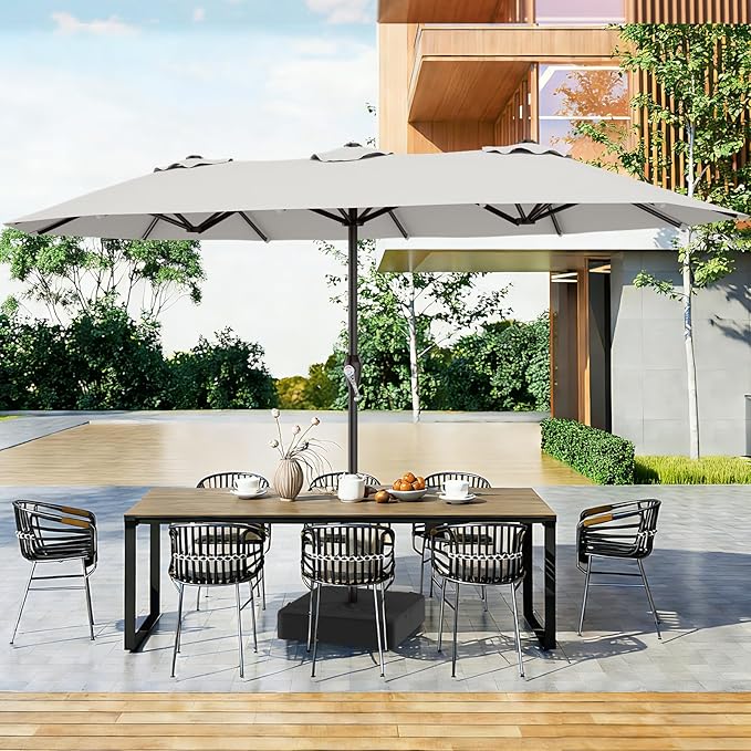 AreShark 15FT Outdoor Patio Umbrella with Crank, Large Rectangular Market Umbrella, Double-Sided Outdoor Umbrellas with Cross Base & Sandbag for Porch, Lawn, Pool, Backyard, Light Gray