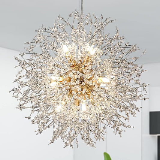 Firework Chandelier Gold, 12-Light Modern Crystal Chandelier Dandelion, 21.6" Stainless Steel Sputnik Pendant Hanging Light for Dining Room Bedroom