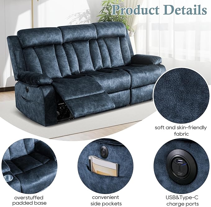GUEAPY Oversized 3-Seater Electric Reclining Sofa with Massage & Heat, USB & Type-C Ports, Foldable Tray Table, Cup Holders, Storage Pockets, Velvet Recliner Couch for Living Room, 81.9" Wide