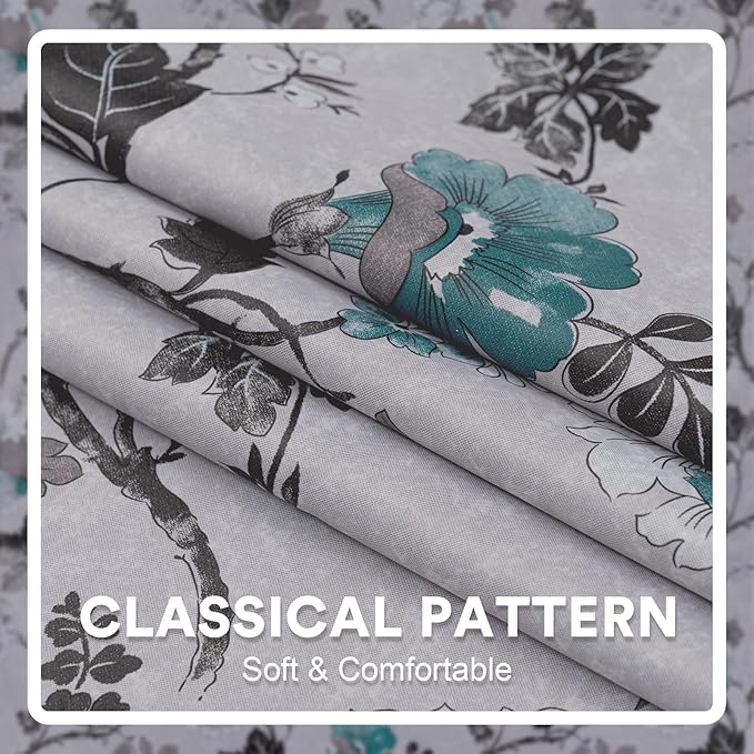 H.VERSAILTEX Blackout Curtains for Bedroom/Living Room Thermal Insulated Printed Curtain Drapes 63 Inches Long Energy Efficient Room Darkening Curtains Pair (2 Panels), Vintage Floral Grey & Teal