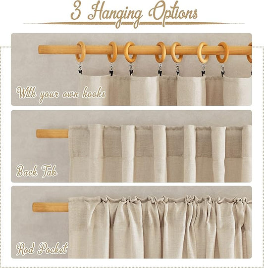 NICETOWN Beige Linen Curtains 84 inches Long, Rod Pocket & Back Tab Flax Linen Burlap Semi Sheer with Light Filtering Curtains & Drapes Privacy Window Treatments for Living Room, W52 x L84, 2 Pieces