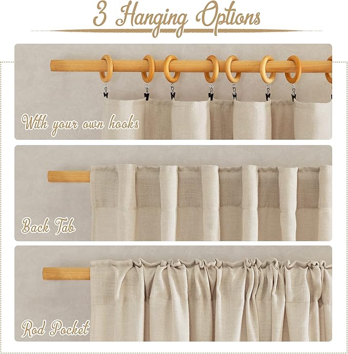 NICETOWN Natural Linen Beige Curtains for Bedroom, Rod Pocket & Back Tab Flax Linen Burlap Semi Sheer with Light Filtering Privacy Window Treatments for Living Room, W52 x L95, 2 Pieces
