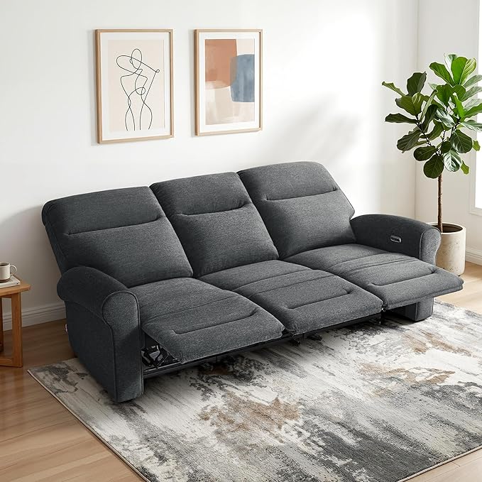 MCombo 87.8" Wall Hugger Power Reclining Sofa, 3-Seat Triple Recliner Couch with USB Ports, Rolled Arm Space Saving Recliner Sofa for Living Rooms Apartments RV, Fabric PR635M5 (Dark Grey) | 1.4" Wall Clearance