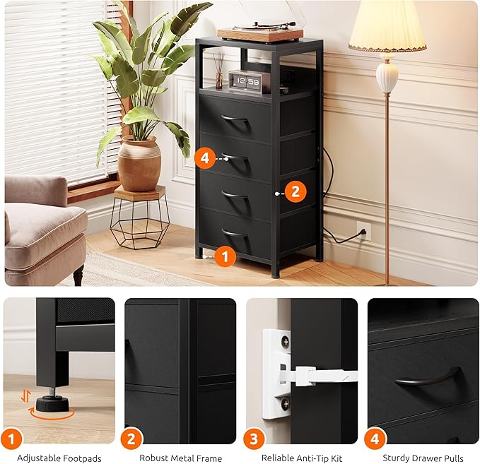NightStand Bedside Charging Table Bedroom - Black Night Stand with Charger Station, Modern Bed Side End Table with Open Shelf & 4 Fabric Drawers, USB-C Port for Dorm Living Room