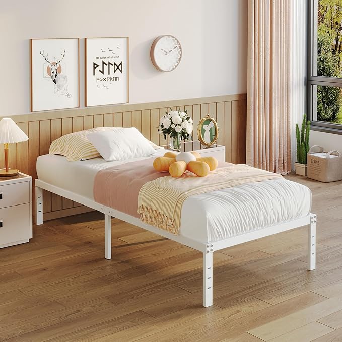 14 Inch Twin Bed Frames No Box Spring Needed, Heavy Duty Metal Twin Platform Bed Frame with Large Underbed Storage Space, Noise Free, Easy Assembly, White