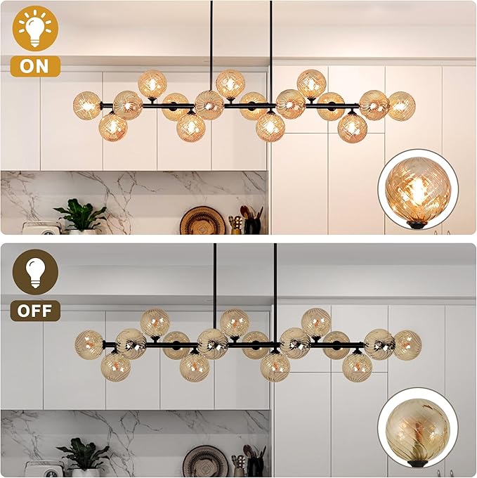 Linear Sputnik Chandelier, 55" Dining Room Light Fixture Modern Chandelier with Amber Swirled Globe 16 Lights Long Chandeliers for Dining Room Kitchen Island Large Chandelier for High Ceilings