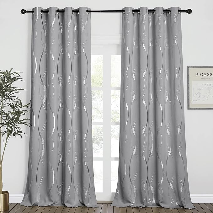 NICETOWN Blackout Curtains 95 inches Long, Foil Printed Wave Lines Energy Saving Thermal Insulated Solid Grommet Blackout Draperies for Patio Hall Studio (1 Pair, 52 inches by 95 inches, Silver Grey)